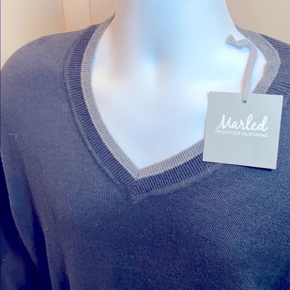 Marled Black V-Neck Cotton/Viscose Stretch Sweater MED NWT - Picture 4 of 10